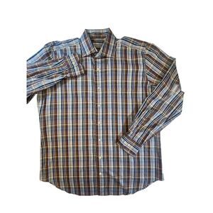 Peter Millar Long Sleeve Button Up Dress Shirt Blue Brown Plaid Sz L 100% Cotton
